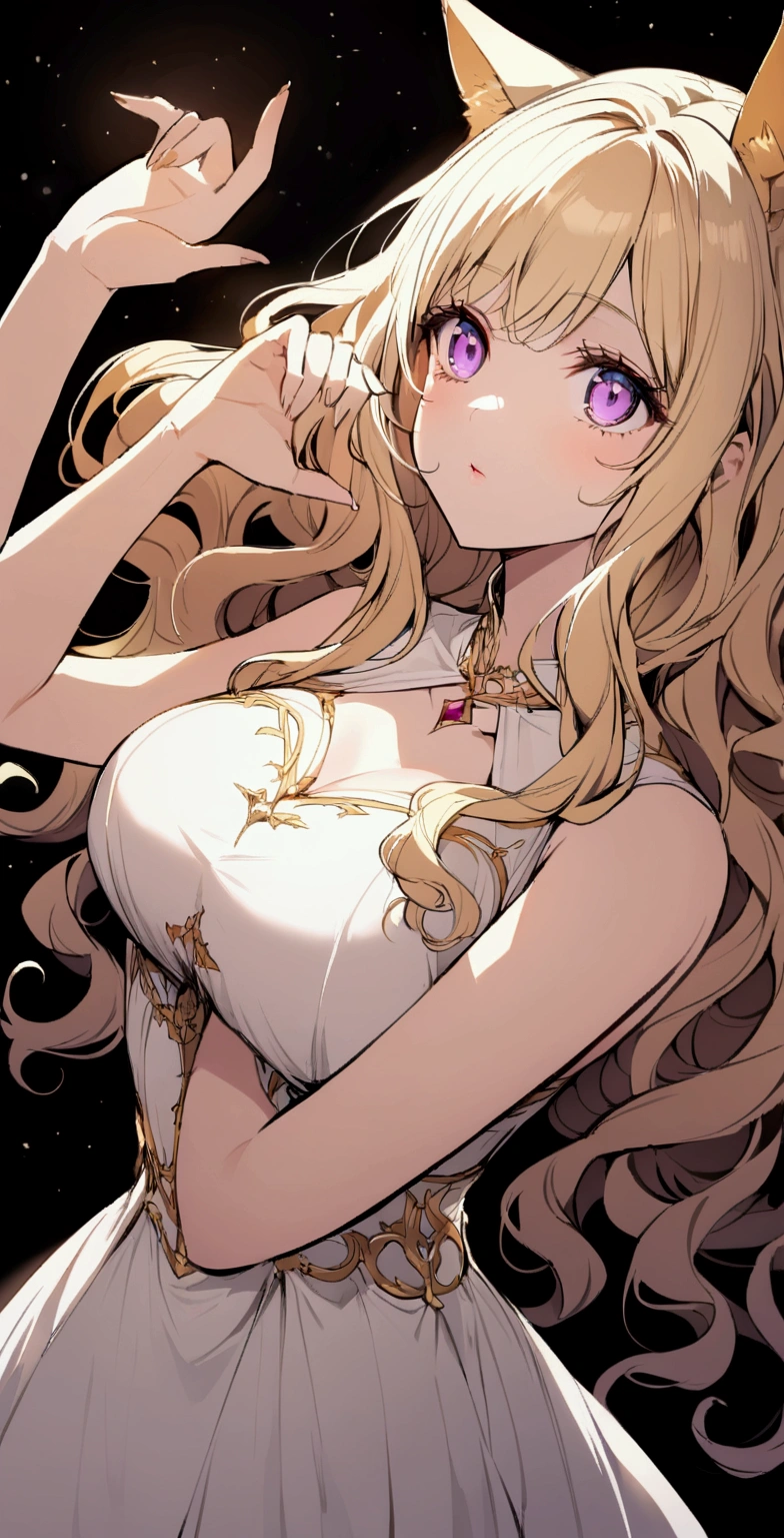 Face is close,look up,Long Wavy Hair,Large Breasts, Sexy pose, Blondes are very attractive, Detailed and precise manual work, Attractive girl, Golden cat ears,Purple eyes and golden eyelashes,light in your eyes,A subject that stands out against the dark night sky, White Dress, Hand-drawn illustration