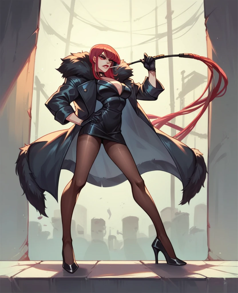 Skarlet overkill naked with long black gloves and pantyhose with high heels and whip and cigarette with fur coat 