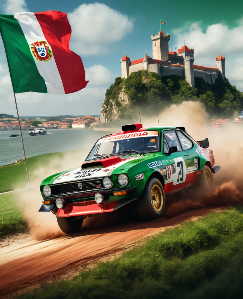 A vibrant promotional poster and in the center is a red rally car. The car is moving, producing a dynamic jet of dust and water beneath it. Behind the car, there is a checkered racing flag waving in the wind. On the left, the Portuguese flag with its green and red colors and the national emblem are prominently displayed. In the background, there is a historic-looking castle located next to the water, with a bridge connecting two parts of the castle. The sky is cloudy, adding a dramatic touch to the scene., cinematic, typography, photo, illustration