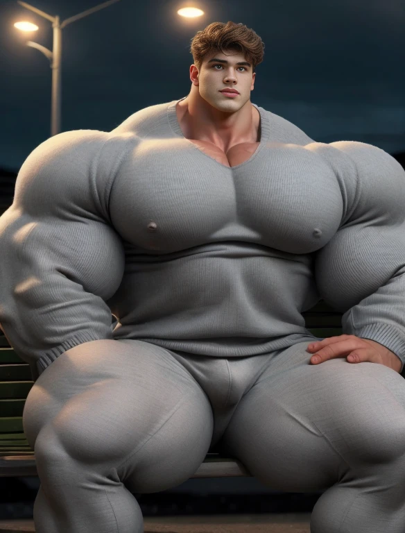 1boy, giant, giant bodybuilder, stand, warm light, strong body, bulk, large size, staring, sitting on bench with street lamp post in the night, open legs, wear grey sweater and cream pants, prominent bulge, extraordinary big, brutalmass, giant, muscular body, bulk, buff, massive body, large meaty body size, extremely wide body