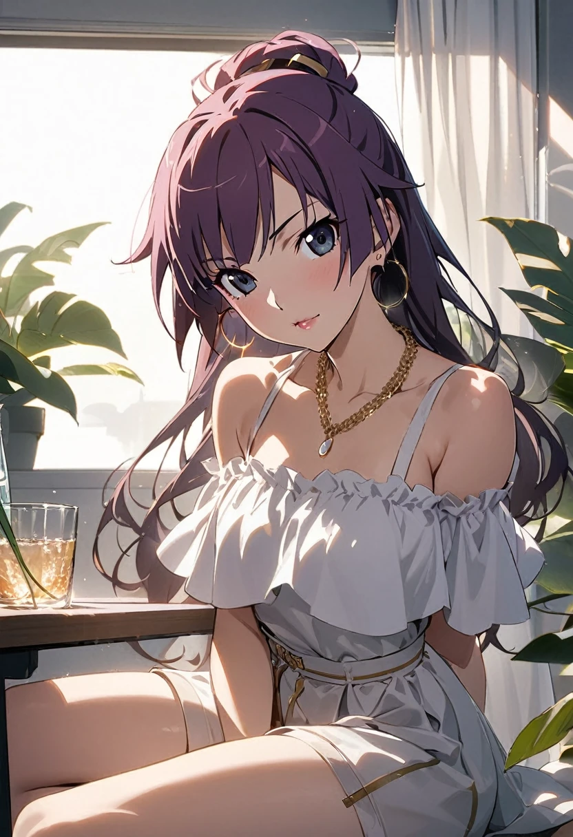 1girl, Senjougahara Hitagi, monogatari (series), masterpiece, best quality, absurdres, studio lighting, high-end fashion, summer theme, luxury, apparel magazine photoshoot, Elegant Pose, sunlit spacious loft clothing:
- Silk off-shoulder blouse, pale lavender color
- High-waisted white linen shorts
- Gold strappy sandals with low heels
髪型:
- Loose beach waves
- Side-swept bangs
- Hair partially tied back with a delicate gold hair clip
アクセサリー:
- Minimalist gold hoop earrings
- Thin gold bangle bracelet
- Delicate gold necklace with a small pearl pendant
メイク:
- Natural, dewy makeup - Soft pink lip gloss - Subtle shimmer eyeshadow Pose and environment:
- Leaning against a white modern desk
- Large windows with sheer white curtains in the background
- Potted monstera plant in the corner
- Crystal water carafe and glass on the desk