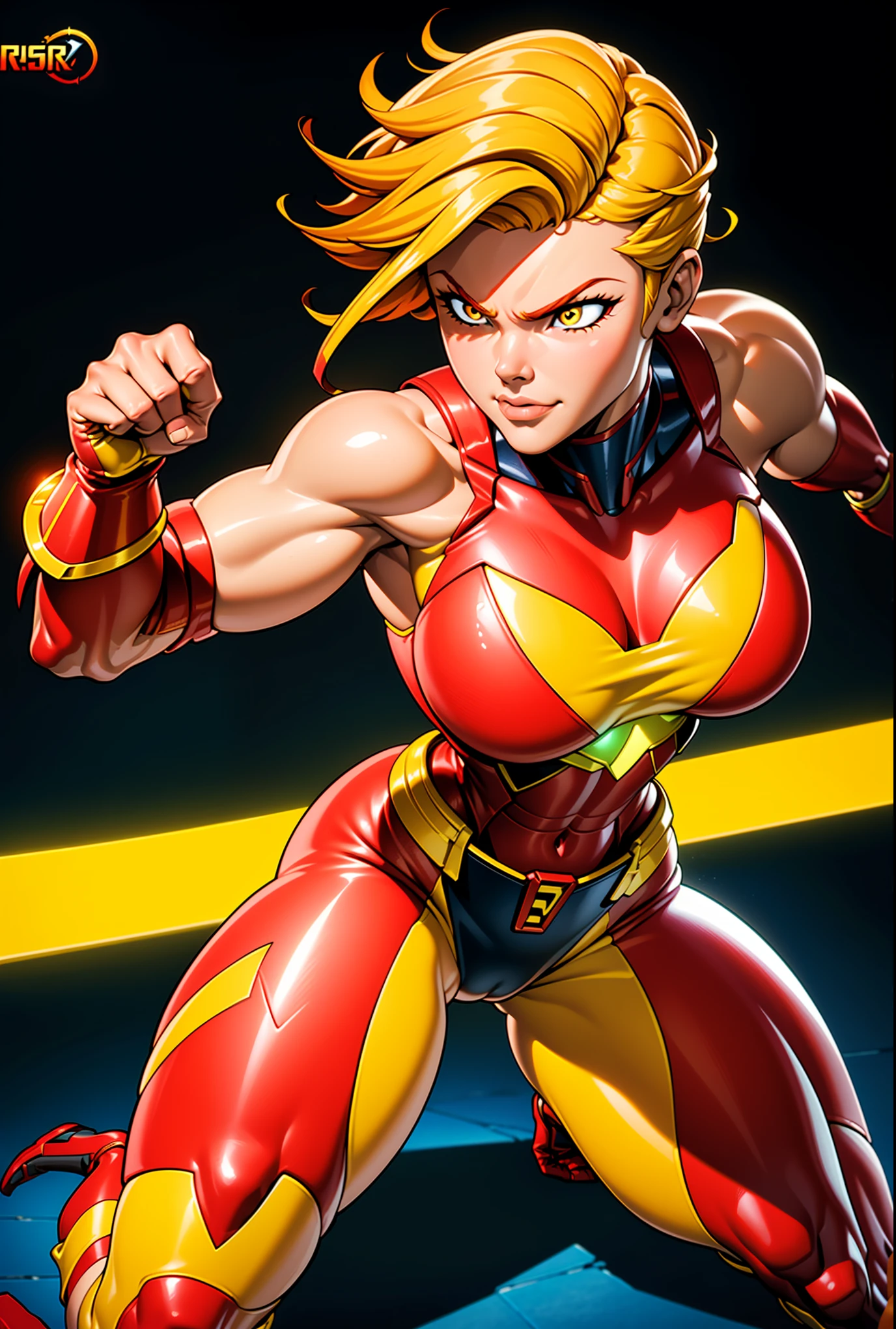 Digital painting of a woman with red and yellow hair, Superhero, Muscle Girl, Pause, Raise your fist, From above, 1 knee up, Behance Contest Winner, Afrofuturism, Synthwave, neon, glowing neon, Huge saggy breasts,