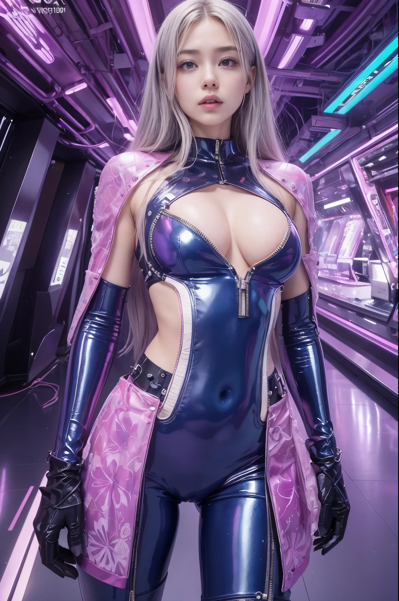 8k、(masseter piece,top quality,The best quality,ecstasy、Beauty:1.2)、(1 girl:1.3)、Full body esbian、(((colorful lighting)))、(((((Perfectly accurate human body)))))、(((Stare at the photographer.)))、((Russian beauty at ))、(Detailed futuristic cool hair)、(bright silver hair with a silky shine,),(((8 head body)))、(((((very thin abdomen)))))、(((Detailed cute beautiful face)))、(((Detailed droopy eyes)))、(((undersized head)))、(((a small face)))、Detailed glowing eyes、(((a baby face)))、detailed skin、thin arm、(((very big breasts)))、(((((very big hips)))))、(((very deep bottom)))、Futuristic art、(fractal art:1.25)、(Color:1.1)、(floral:1.3)、(zentangle:1.2), Full body esbian, (abstract background:1.3), shiny skin, (many colors:1.4), (factor:1.5),(raw photo:1.2),Purple Pink Latex Jumpsuit、((futuristic accessories)),gap,shiny latex,(tight),Usando un traje muy tight, chrome jumpsuit, (((cyberpunk))), (colorful neon), Very shiny pink-violet latex suit、kosmos、intergalactic、attraction、METAL、butterflies、Fantastic、making love、without accurate mangaanos, Precise fingertips、Precise nails、Very delicate eyelashes、Very delicate eyebrows、Precision Fasteners、High precision machine、