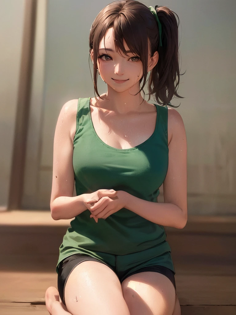 (Highest quality、8k、32K、masterpiece)、(Realistic)、(Realistic:1.2)、(High resolution)、Very detailed、Very beautiful face and eyes、(((Women's Solo Shot)))、Tight waist、(Highest quality、Attention to detail、Rich skin detail)、(Highest quality、8k、Oil paints:1.2)、(Realistic、Realistic:1.37)、Bright colors、(((Full Body Shot)))、(((Bob Hair)))、(((Medium Hair)))、(((Side Ponytail)))、(((smile)))、(((Brown Hair)))、(((Green tank top)))、(((Black shorts)))、(((Being in the steppe)))、(((you can see the horizon)))、((Sweaty skin))、(((It's the top of the mountain)))、((Looks fun))、((I'm making a bonfire))、((It's evening))、standing、Hands on hips、