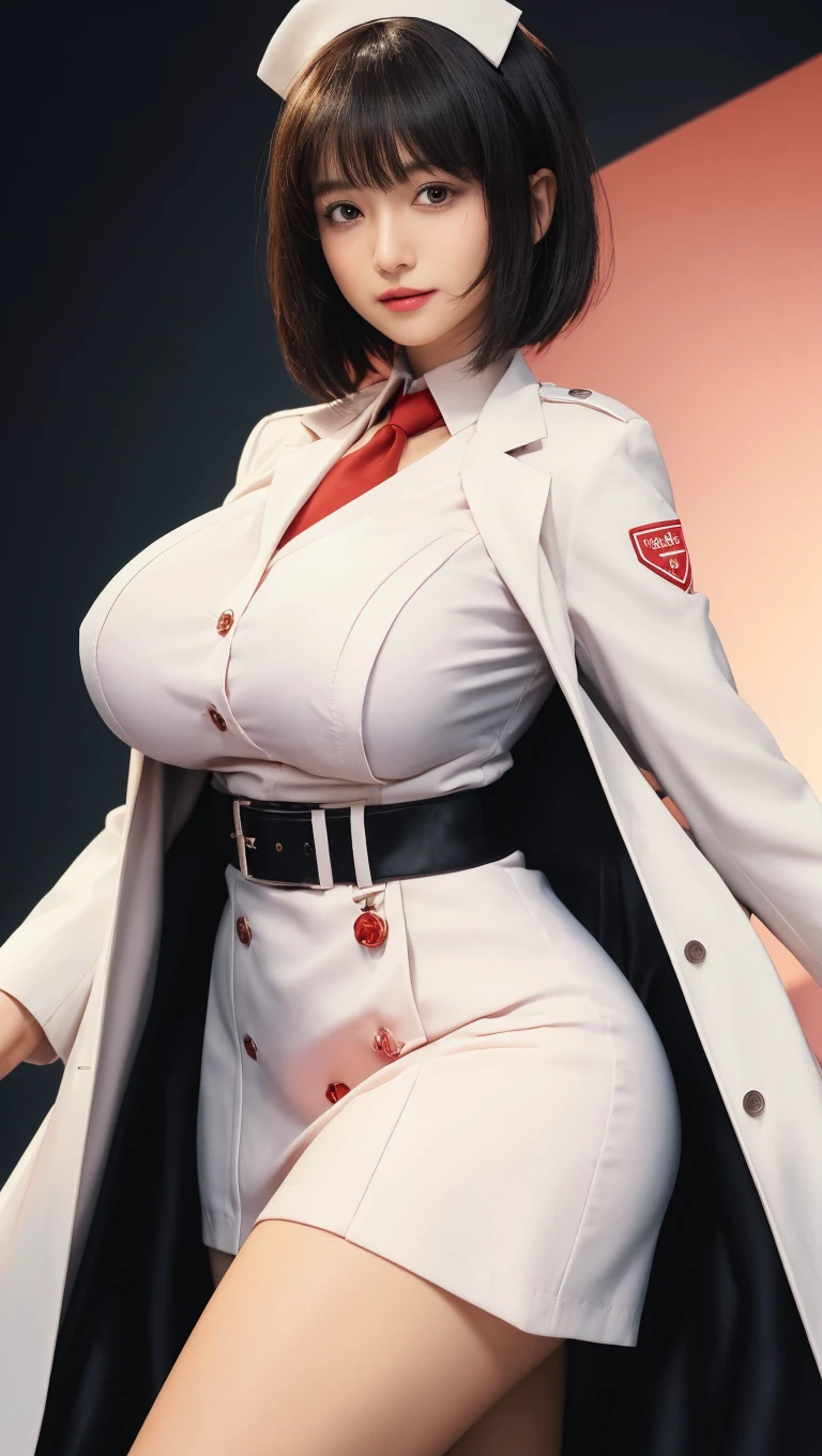 Big breasts nurse with short black hair in a white coat