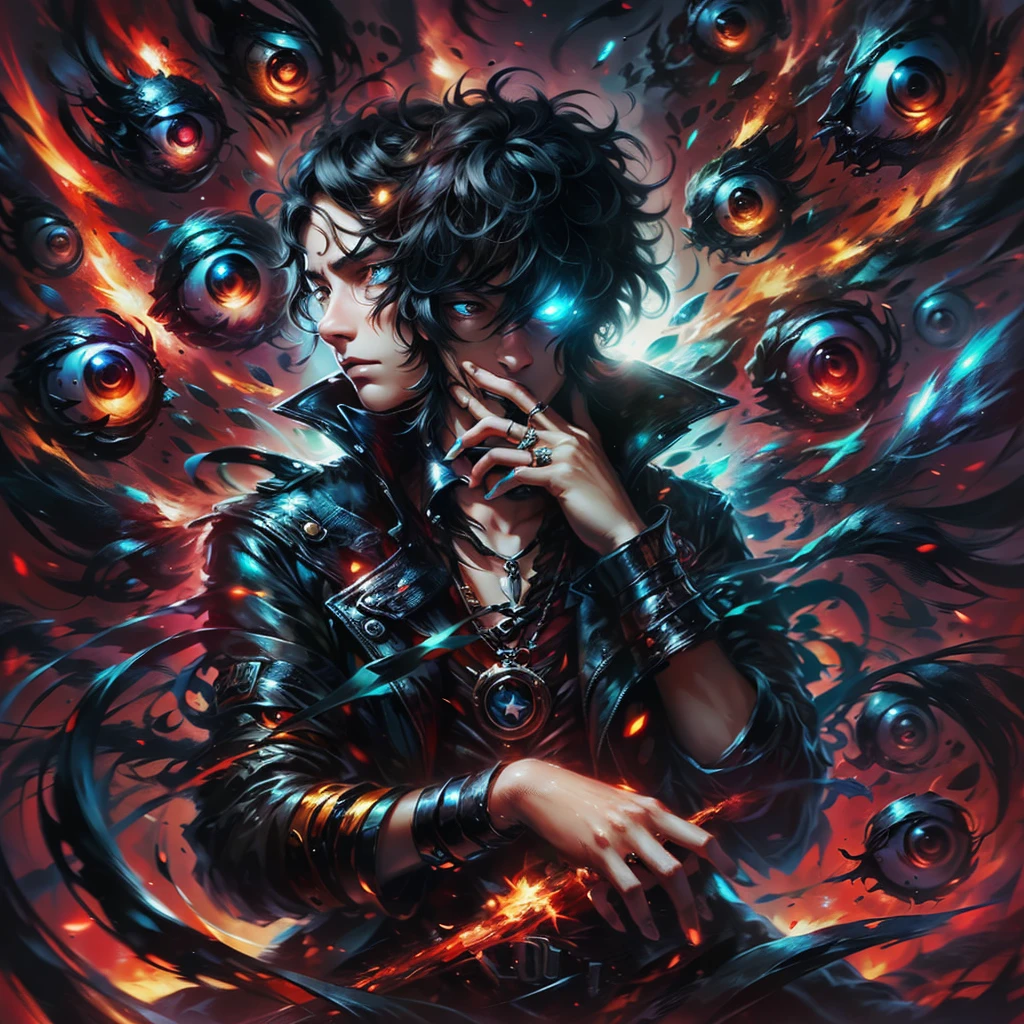 (male: 2), (black hair man: 2), (Black haired character: 2), (character&#39;s red eyes: 2), surrounded by red eyes. Dark coat with red details, holding sword in right hand, left hand making contemplative gesture. Character away, work of art, best qualityer, (Extremely detailed CG 8k unity wallpaper), (best qualityer), (best illustration), (best shade), absurderes, realistic lighting, (bright), beautiful detailed glowing, arte de PeterMohrBacher, detailed character, 85mm camera. Extremely detaild, 8k, HDR, naturallight, cinematic lighting, masterpiece-anatomy-perfect, ultra HD, RAW photo, metallic, professional, ultra-fine painting, perfect body proportions, anatomically correct, uhd, real texture material, Anti-Aliasing, FKAA, TXAA, SSAO, Post Processing, Post Production, Tone Mapping, CGI, VFX, SFX, hyper maximalist, Volumetric, ultra photorealultra-detailed intricate details.