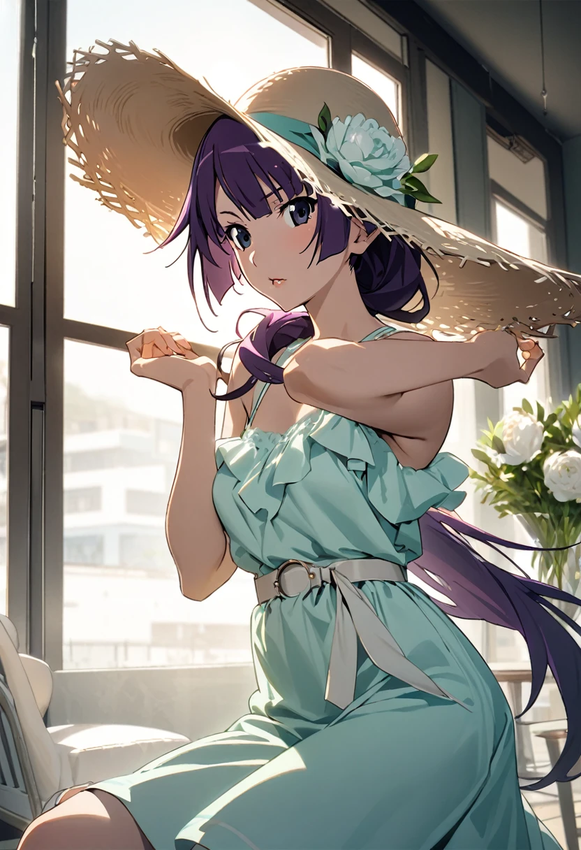 1girl, Senjougahara Hitagi, purple hair,monogatari (series), masterpiece, best quality, absurdres, studio lighting, high-end fashion, summer theme, luxury, apparel magazine photoshoot, Elegant Pose, sunlit spacious loft,cowboy shot,sitting New clothes:
- Pastel mint green midi sundress, lightweight chiffon fabric
- Thin white leather belt at waist
- Ivory colored espadrille wedge sandals
髪型:
- Sleek high ponytail
- Face-framing tendrils
アクセサリー:
- Large round sunglasses with thin gold frames
- White and gold statement watch
- Delicate anklet with small seashell charms
メイク:
- Sun-kissed look with light bronzer - Coral lip tint - Subtle winged eyeliner Pose and environment:
- Standing by a floor-to-ceiling window
- Holding a straw sun hat
- Elegant white lounge chair in the background
- Glass vase with fresh white peonies on a side table