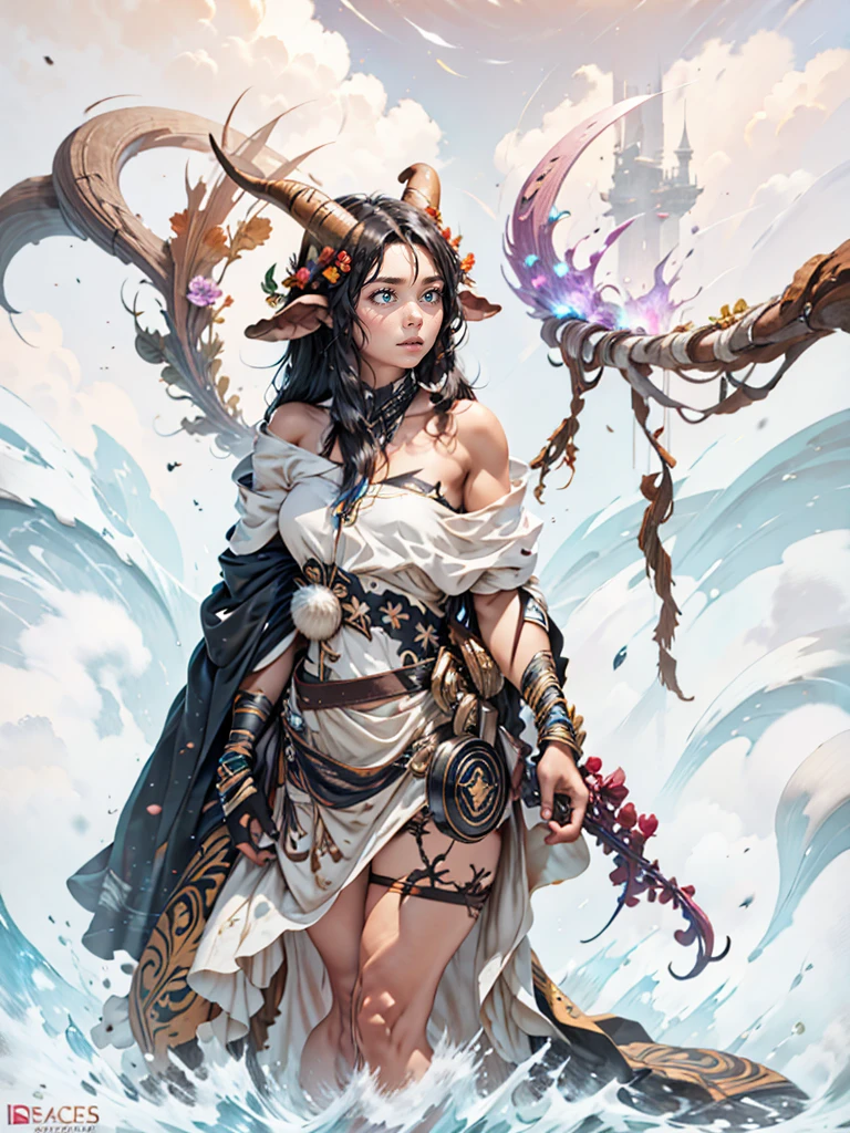 Faun female, goat legs, long hair, standing, thick girl, long black hair, tan skin, muscle, dress