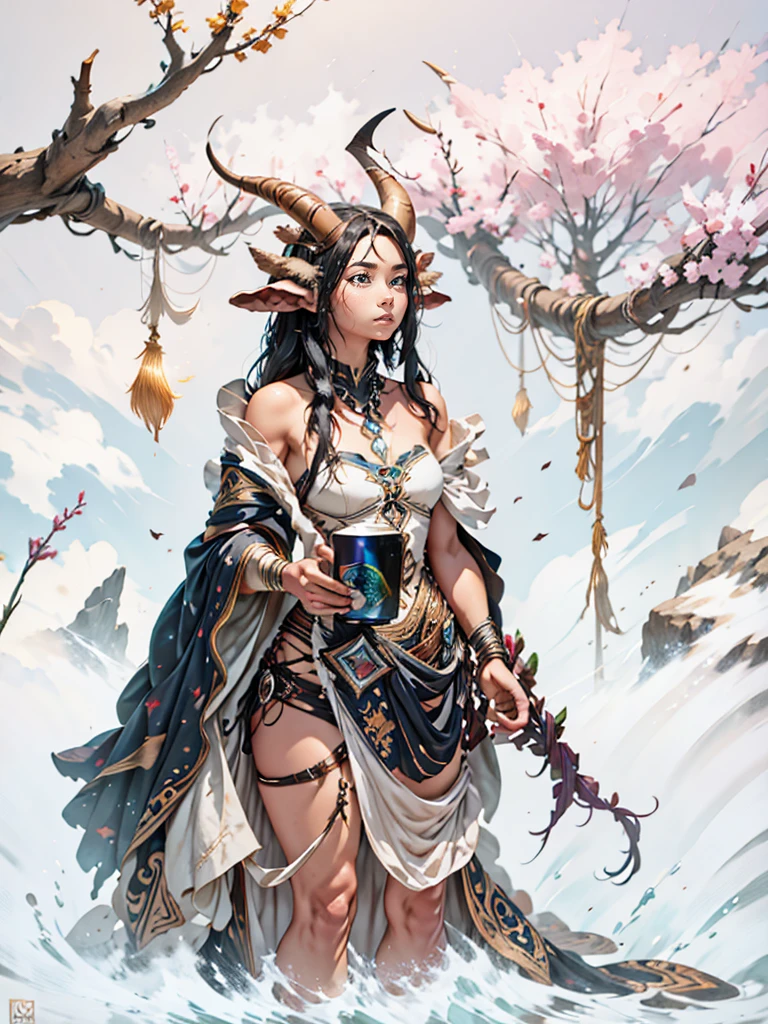 Faun female, goat legs, long hair, standing, thick girl, long black hair, tan skin, muscle, dress, realistic3D Rendering,