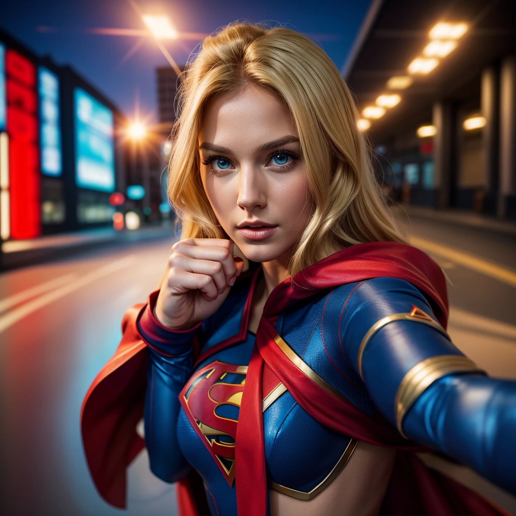 Supergirl in action pose, blond hair, perfect costume, traditional blue suit, traditional red cape,smooth curves, beautiful face, space and planets in background