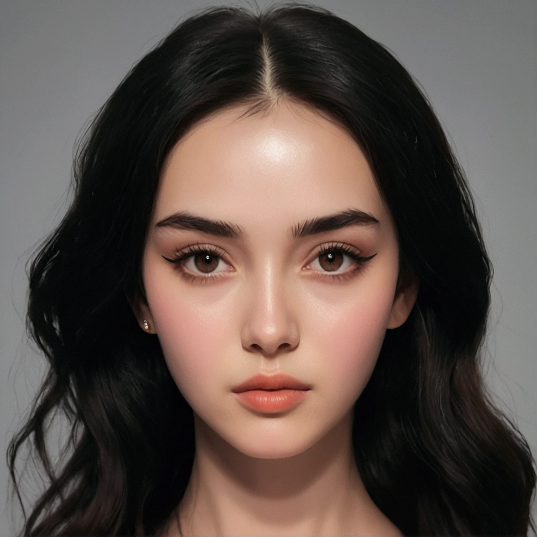 Create an image of a young woman with big brown eyes and dark hair. Your expression must be hard, but convey a feeling of fragility. the skin must be pale, with an ethereal and mysterious appearance. The composition should evoke a photographic style with soft lighting, highlighting the texture of the hair and the deep look. The atmosphere of the image should be delicate, but impactful, reflecting a sculpted beauty with an almost otherworldly aura.”
