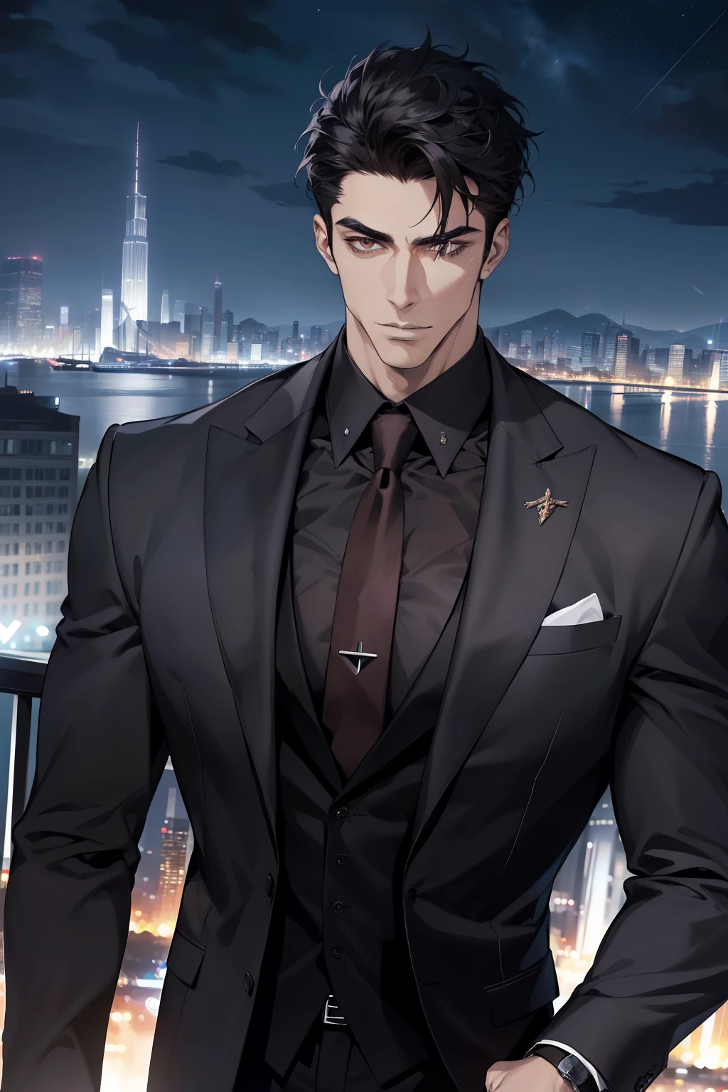 (absurdres, highres, ultra detailed, realistic, ), 1 male, solo, adult, mature, tall muscular guy, broad shoulders, handsome, very short hair, black hair, brown eyes, angular jaw, thick neck, thick eyebrows, night, dark, the night view of the city background, formal suit, necktie, upper body