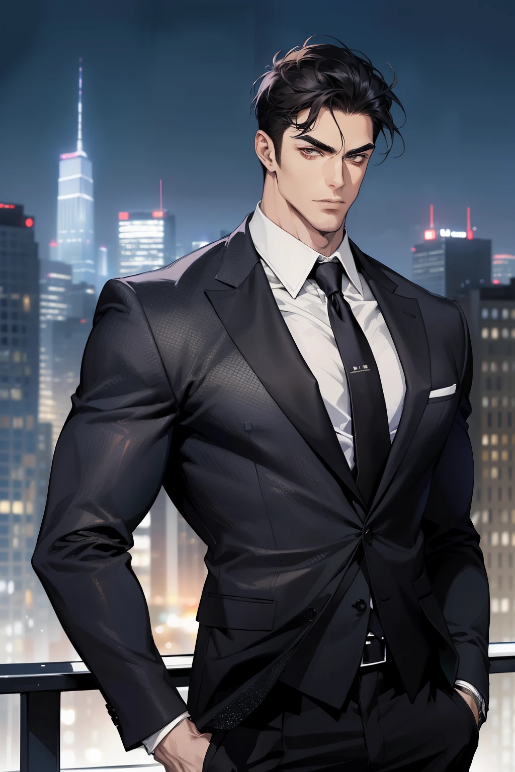 (absurdres, highres, ultra detailed, realistic, ), 1 male, solo, adult, mature, tall muscular guy, broad shoulders, handsome, very short hair, black hair, brown eyes, angular jaw, thick neck, thick eyebrows, night, dark, the night view of the city background, formal suit, necktie, upper body