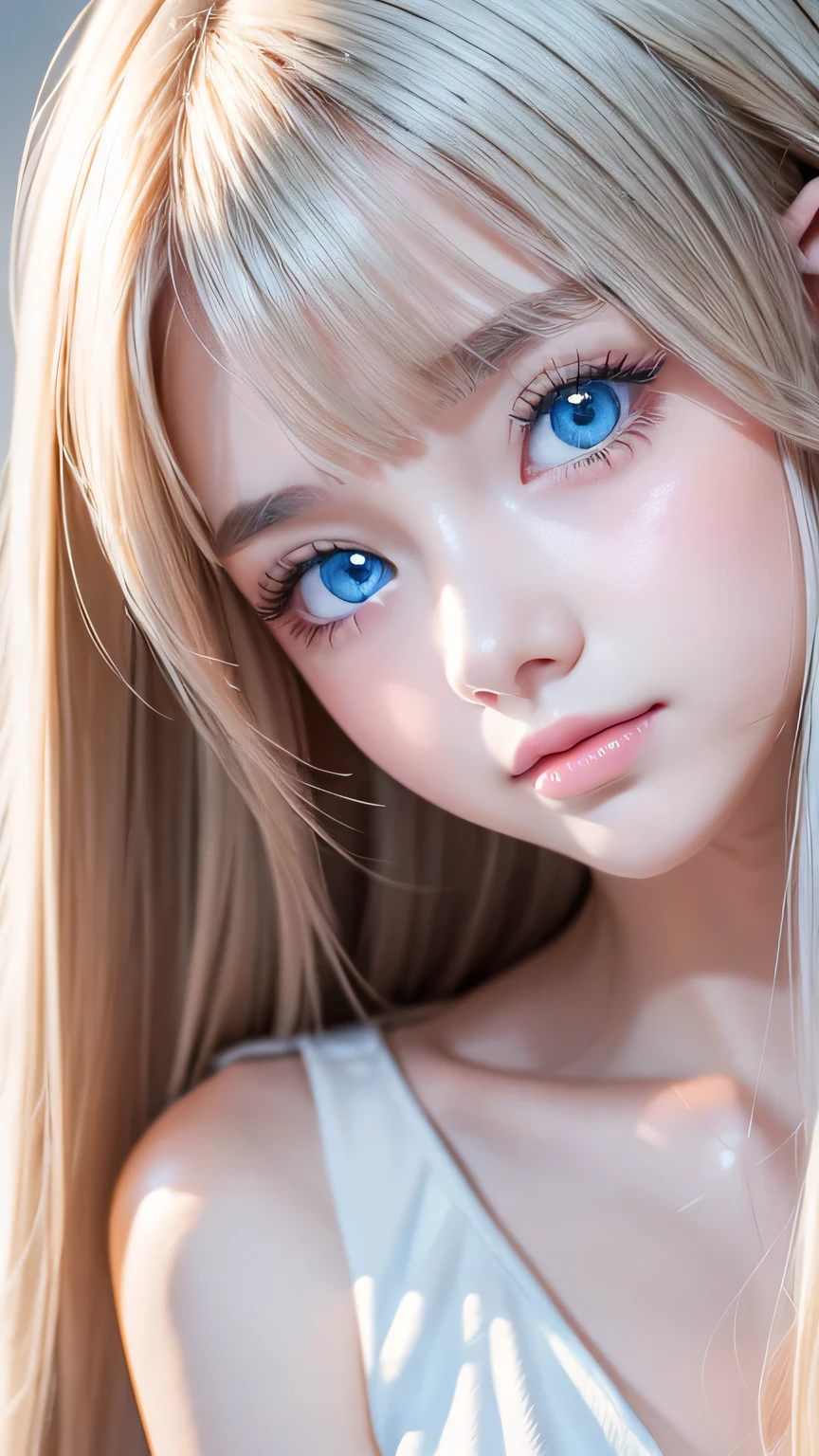 The pieces fly, Highest quality, figure, Very detailed, The finer details, High resolution, 8K Dende wallpaper, Perfect dynamic composition, Detailed and beautiful eyes, dress, Super long platinum blonde straight silky hair,Bangs that flow between the eyes、 Blonde hair above the chest, Natural color lip, Random sexy poses,A shy smile,Beautiful 15 year old girl,Cute type、Her big, bright cream ice blue eyes shine beautifully.、Very big eyes、Cheek highlighter、Very white and beautiful skin、Glowing Skin、Small Face Girl、Round face、A beautiful girl
