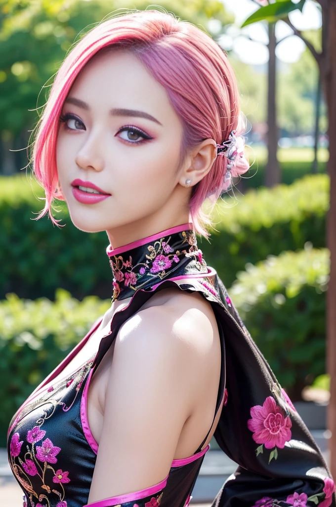 (masterpiece:1.4), (best quality:1.4), ultra high res, ultra high resolution, ((detailed facial features)), HDR, (realistic, photorealistic, photo-realistic:1.37), full body Esbian, sexy Indonesian model, (-anime), only 1 model, vivid colors, ((vivid colors multicolor (fuchsia, pink, light blue, purple) very short hair)), (big smile), lip-gloss, long lashes, ultra detailed metallic makeup, defined eyebrows, wearing a red silk Paradise Kiss cosplay dress with black floral embroidery, ((vivid colors outfit)), vivid colors, look at the camera, cinematic light, large park background with trees, sweet and sexy pose