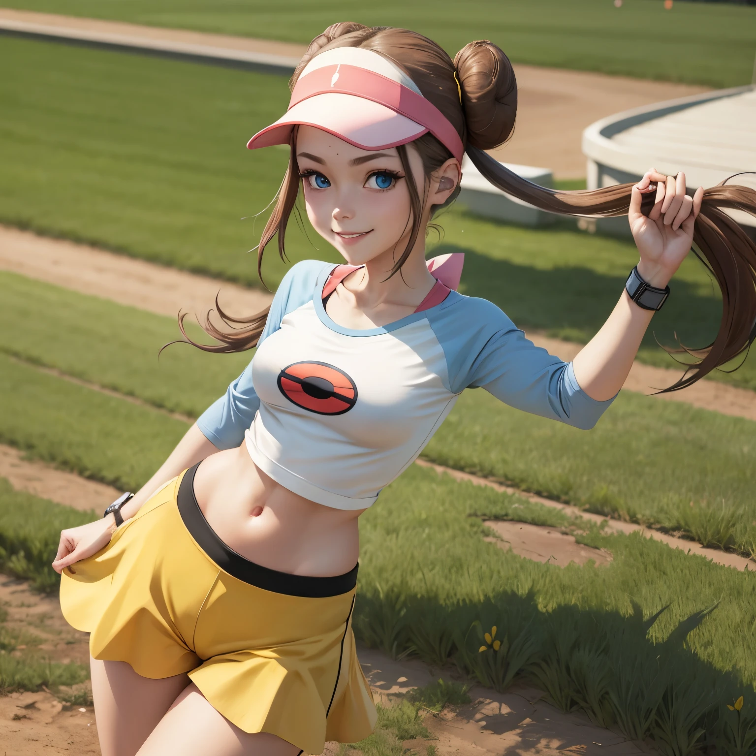 masterpiece, best quality, high resolution, ro1, hair bun, blue eyes, twintails, cap with visor, tights, raglan sleeves, yellow shorts, shirt, pink bow, wrist watch, standing, cowboy shot , field, \(basic\) pokeball, smile, perfect body, thin waist, perfect body, hot girl, ::slin hot girl, slim girl