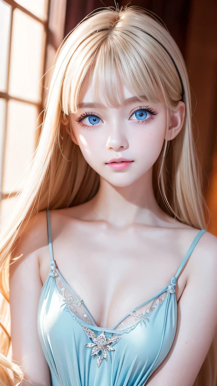 The pieces fly, Highest quality, figure, Very detailed, The finer details, High resolution, 8K Dende wallpaper, Perfect dynamic composition, Detailed and beautiful eyes, dress, Super long platinum blonde straight silky hair,Bangs that flow between the eyes、 Blonde hair above the chest, Natural color lip, Random sexy poses,A shy smile,Beautiful 15 year old girl,Cute type、Her big, bright cream ice blue eyes shine beautifully.、Very big eyes、Cheek highlighter、Very white and beautiful skin、Glowing Skin、Small Face Girl、Round face、A beautiful girl
