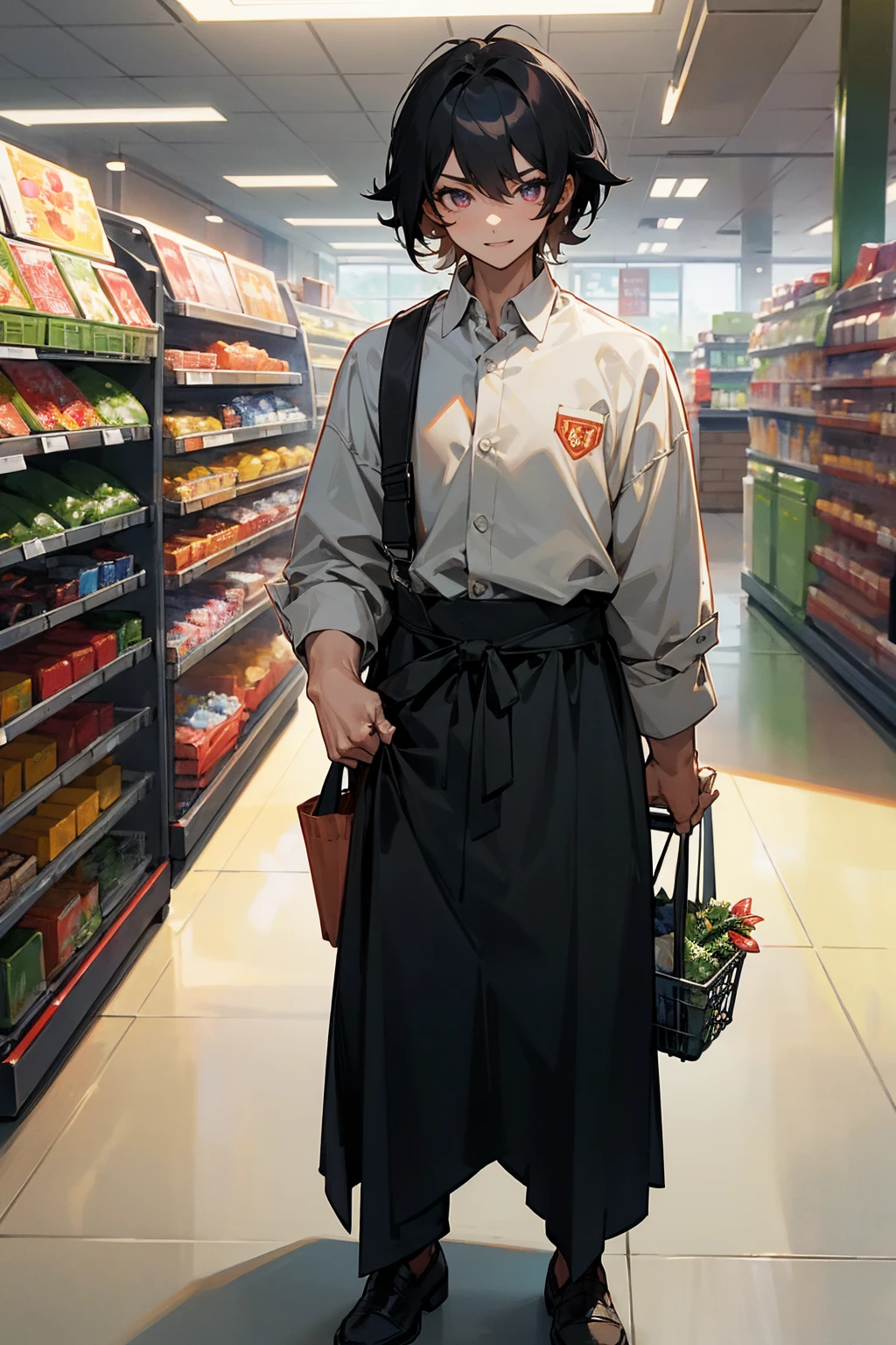 Masterpiece Quality, Perfect Generation, Sclera, Detailed Eyes, Skin, Hair, Muscular, Clothing, Excited Expression, , grocery store Background, Full Body, Skin, , , , facing viewer, Standing Outside, Clothed, , Eyes, hair, , hair, hair, , Background, , U , Male, , , grocery store worker, , , Store Clerk clothing, , strong, muscular, Black hair, baggy eyes