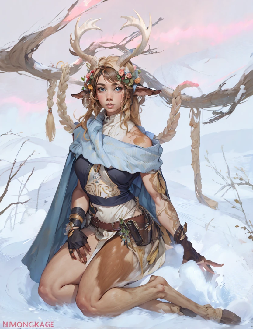 Faun female, goat legs, long hair, standing, thick girl, long black hair, tan skin, muscle, dress