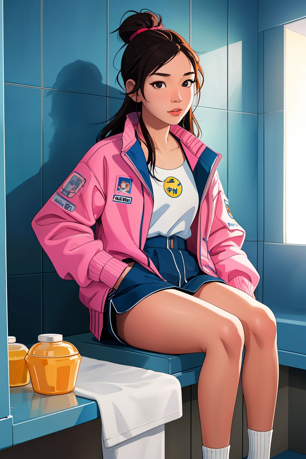 Korean sporty girl, (18 years old), in the hotel, bathroom, jacket, relaxed expression, (high view), (masterpiece, best quality, extremely detailed), realism,