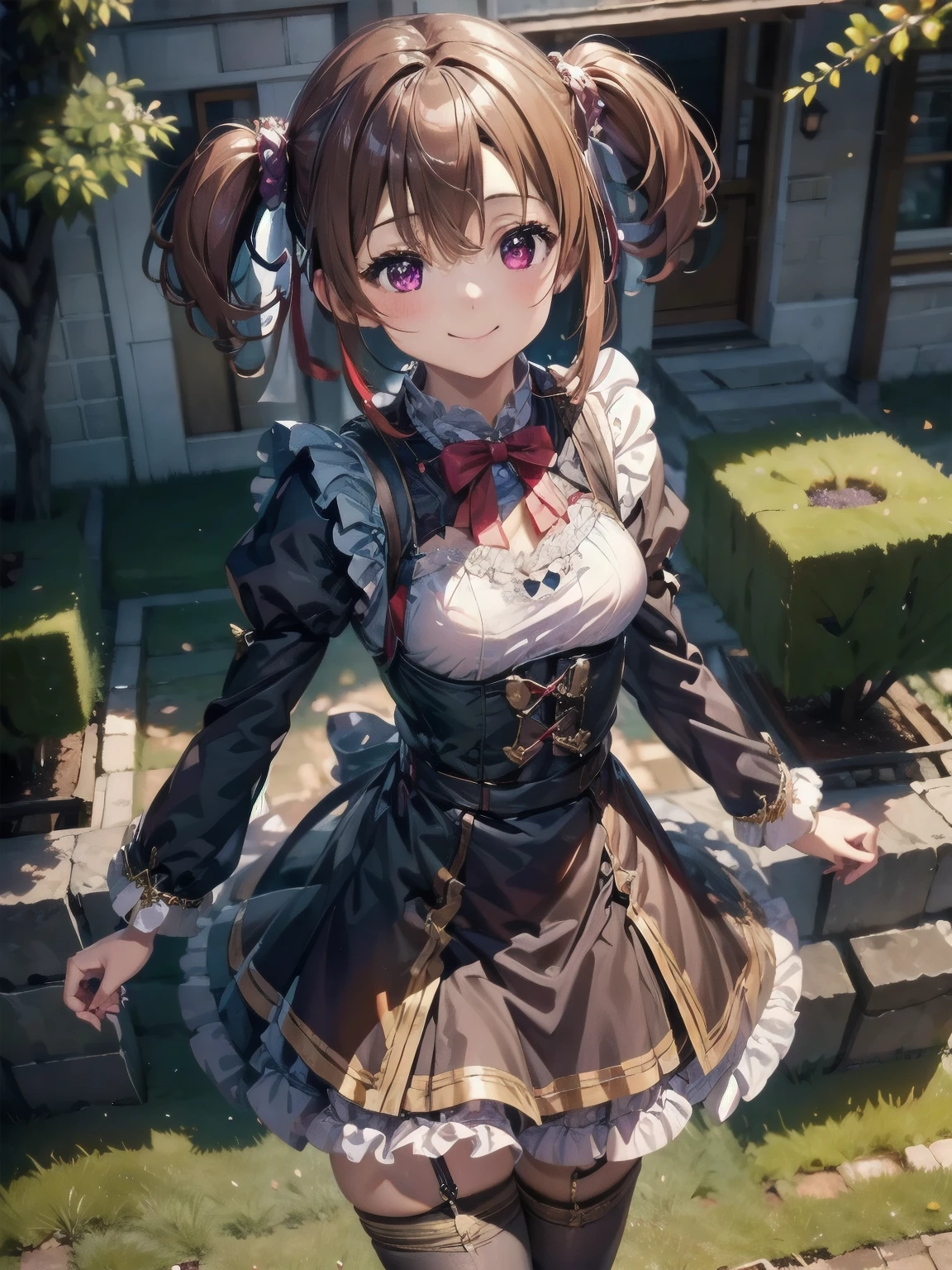 Highest quality、High resolution、One Girl、grassland、Standing on the grass、Wearing a white and black maid outfit, Highly detailed face、smile、Closed Mouth,Beautiful red eyes, Brown Hair、smile,Amazing photo, Dramatic lighting, Absolute reference to the center、4Ｋ，8Ｋ,(Genuine、Genuine志向、写真Genuine志向:1.5）、Crystal Sparkle、Best Photos、High resolution、超High resolution、超High resolutionの絵画、whole body、Purple eyes、Cowboy Shot、Victorian maid clothes