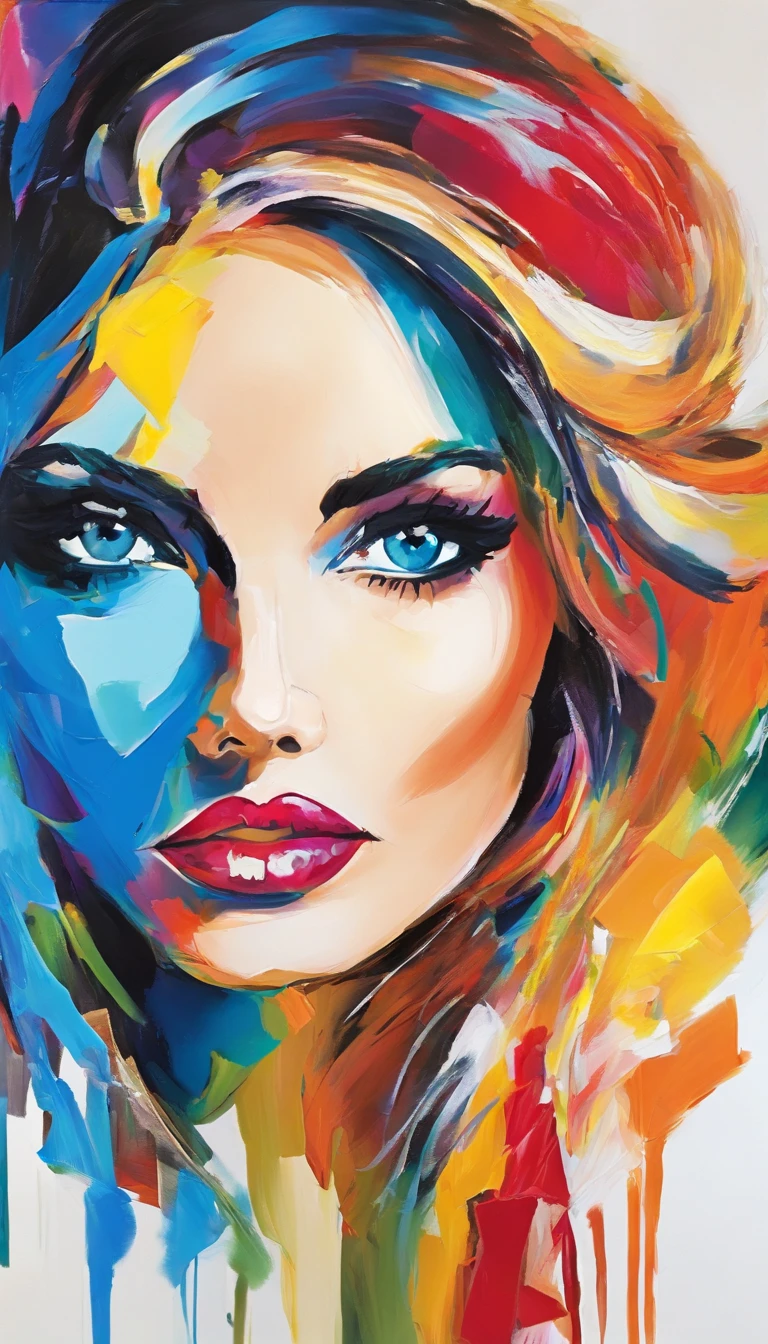 Painting of a woman with blue eyes and colorful face, Acrylic Paint on Canvas, Portrait of woman made of paint, pop art painting, acrylic on canvas, inspired by Károly Lotz, abstract portrait, Portrait made of paint, Latina Adult model Daisy Marie, colorful portrait, painted in bright watercolors, blonde woman, A pop art painting, painted in acrylic