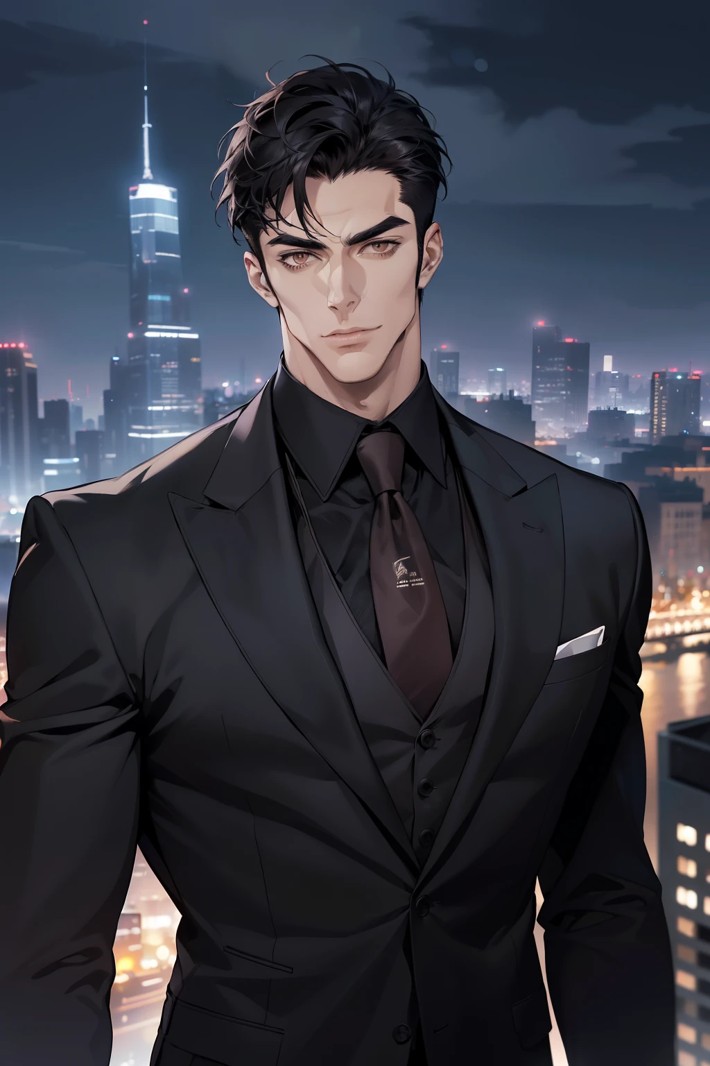 (absurdres, highres, ultra detailed, realistic, ), 1 male, solo, adult, mature, tall muscular guy, broad shoulders, handsome, very short hair, black hair, brown eyes, angular jaw, thick neck, thick eyebrows, night, dark, the night view of the city background, formal suit, necktie, upper body