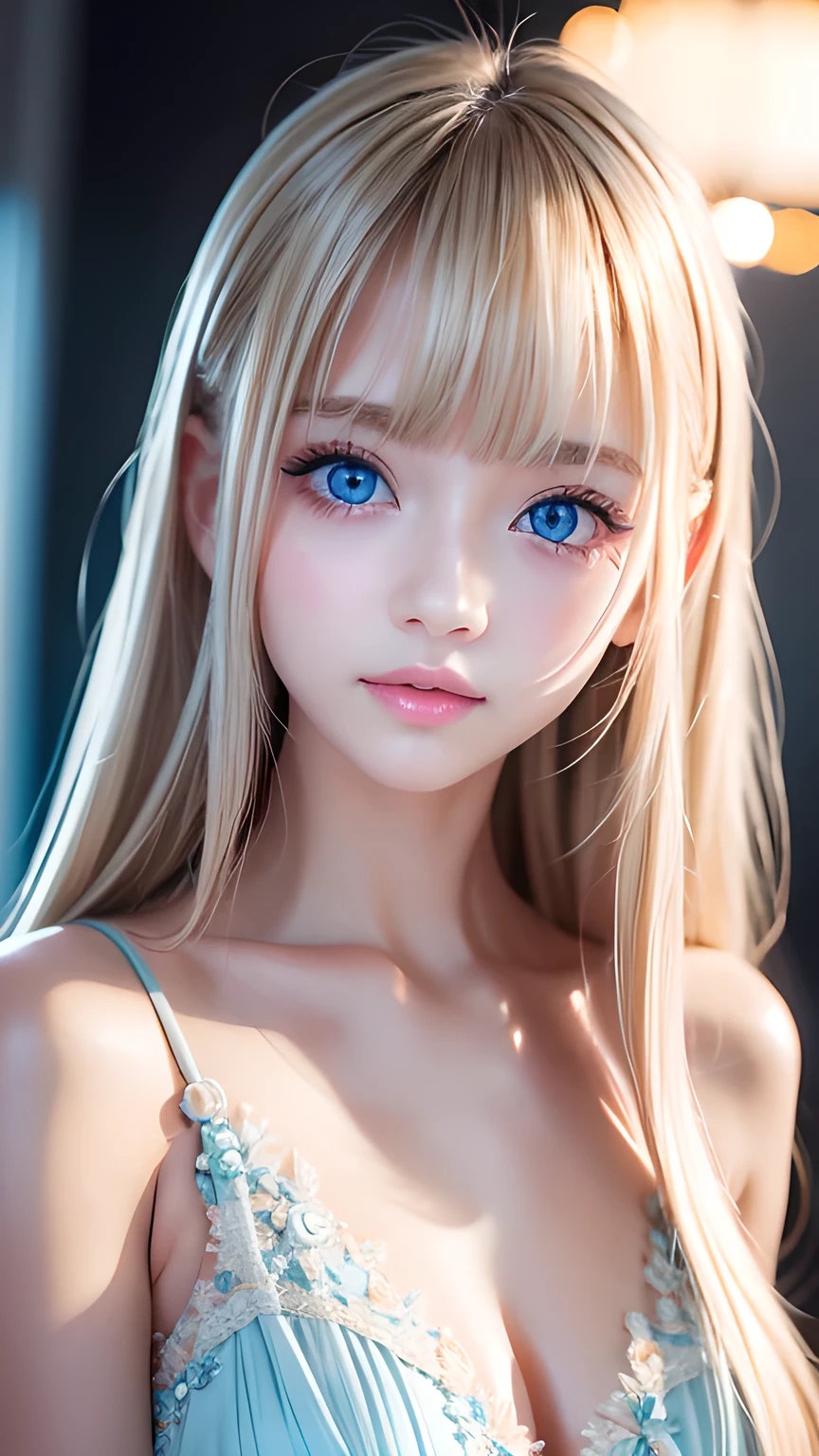 The pieces fly, Highest quality, figure, Very detailed, The finer details, High resolution, 8K Dende wallpaper, Perfect dynamic composition, Detailed and beautiful eyes, dress, Super long platinum blonde straight silky hair,Bangs that flow between the eyes、 Blonde hair above the chest, Natural color lip, Random sexy poses,A shy smile,Beautiful  girl，Cute type、Her big, bright cream ice blue eyes shine beautifully.、Very big eyes、Cheek highlighter、Very white and beautiful skin、Glowing Skin、Small Face Girl、Round face、A beautiful girl