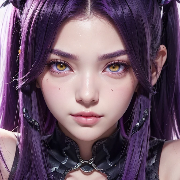 ((ultra realisitic)), ((picture-perfect)), ((face perfect)), ((ultra detaild)), ((close up)), ((perfectbody))a girl with yellow eyes and vertical pupil with purple hair and snake hair