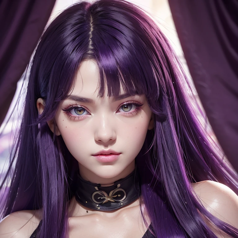 ((ultra realisitic)), ((picture-perfect)), ((face perfect)), ((ultra detaild)), ((close up)), ((perfectbody))a girl with yellow eyes and vertical pupil with purple hair and snake hair