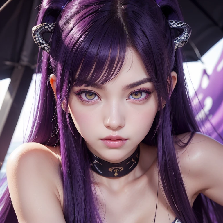 ((ultra realisitic)), ((picture-perfect)), ((face perfect)), ((ultra detaild)), ((close up)), ((perfectbody))a girl with yellow eyes and vertical pupil with purple hair and snake hair