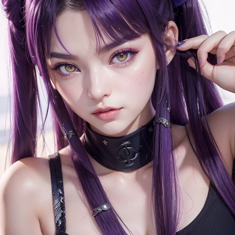 ((ultra realisitic)), ((picture-perfect)), ((face perfect)), ((ultra detaild)), ((close up)), ((perfectbody))a girl with yellow eyes and vertical pupil with purple hair and snake hair