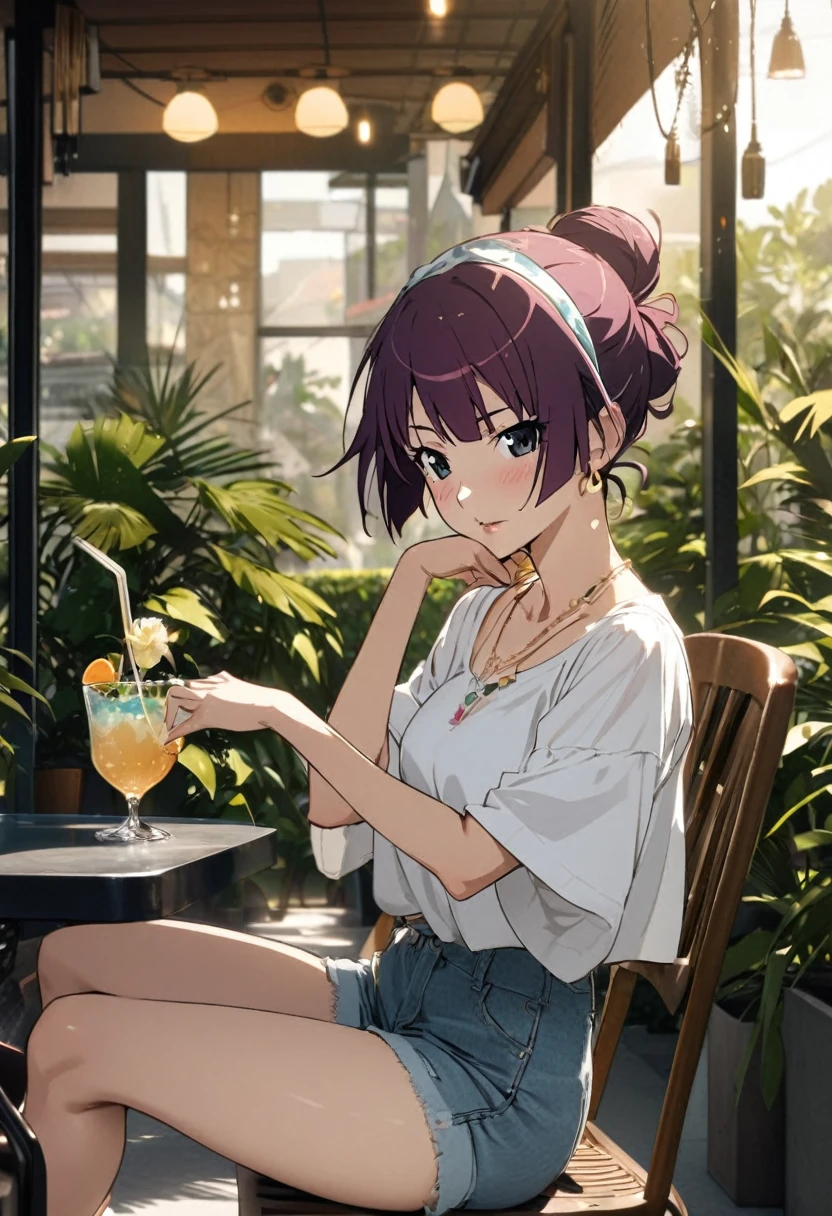 1girl, Senjougahara Hitagi, monogatari (series), masterpiece, best quality, absurdres, natural lighting, casual chic, summer theme, apparel magazine photoshoot, relaxed pose, outdoor cafe setting clothing:
- Oversized white cotton T-shirt, half-tucked
- High-waisted light wash denim shorts, slightly distressed
- White canvas sneakers, no socks hairstyle:
- Messy bun with loose strands framing the face
- Colorful silk scarf tied as a headband
アクセサリー:
- Delicate gold layered necklaces
- Mix of thin gold and colorful friendship bracelets
- Small hoop earrings
メイク:
- Fresh, minimal makeup - tinted lip balm - light mascara - subtle peachy blush Pose and environment:
- Sitting at an outdoor cafe table
- Sipping an iced latte from a glass straw
- Sunglasses pushed up on head
- Straw tote bag hanging on the chair
- Potted plants and string lights in the background