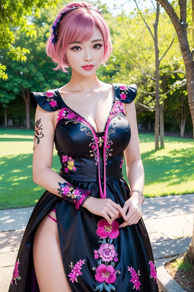 (masterpiece:1.4), (best quality:1.4), ultra high res, ultra high resolution, ((detailed facial features)), HDR, (realistic, photorealistic, photo-realistic:1.37), full body Esbian, sexy Indonesian model, (-anime), only 1 model, vivid colors, ((vivid colors multicolor (fuchsia, pink, light blue, purple) very short hair)), (happy smile), lip-gloss, long lashes, ultra detailed metallic makeup, defined eyebrows, wearing a red silk Paradise Kiss cosplay dress with black floral embroidery, ((vivid colors outfit)), vivid colors, look at the camera, cinematic light, large park background with trees, sweet and sexy pose