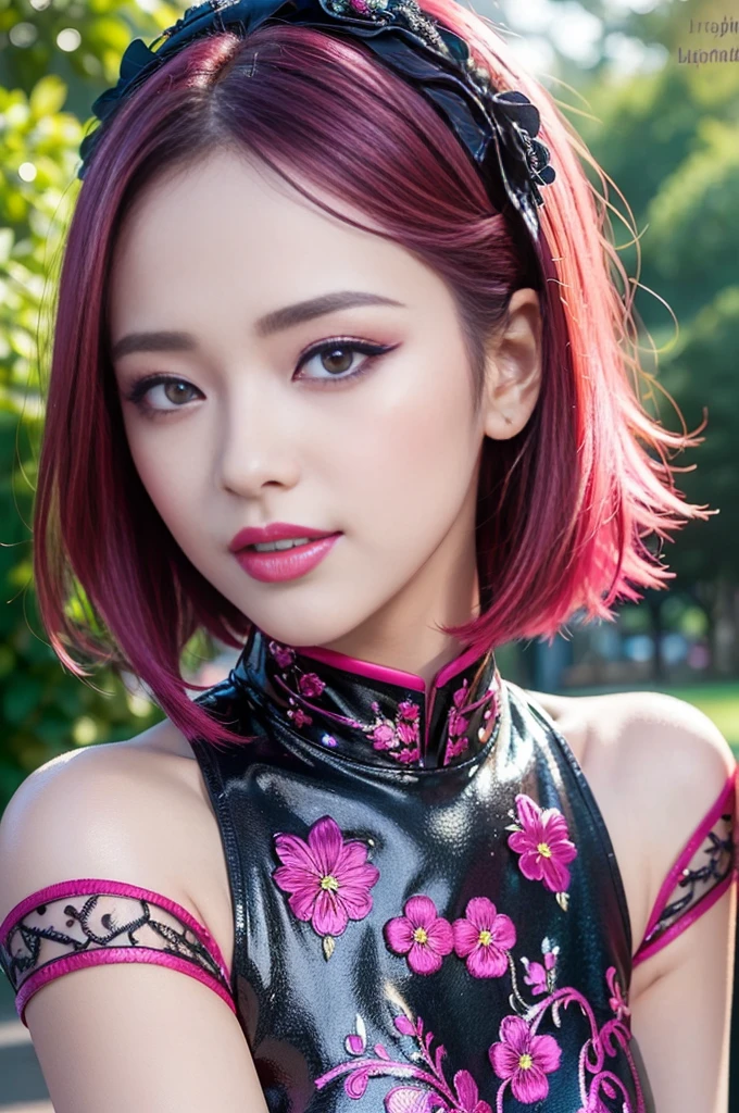 (masterpiece:1.4), (best quality:1.4), ultra high res, ultra high resolution, ((detailed facial features)), HDR, (realistic, photorealistic, photo-realistic:1.37), full body Esbian, sexy Indonesian model, (-anime), only 1 model, vivid colors, ((vivid colors multicolor (fuchsia, pink, light blue, purple) very short hair)), (happy smile), lip-gloss, long lashes, ultra detailed metallic makeup, defined eyebrows, wearing a red silk Paradise Kiss cosplay dress with black floral embroidery, ((vivid colors outfit)), vivid colors, look at the camera, cinematic light, large park background with trees, sweet and sexy pose