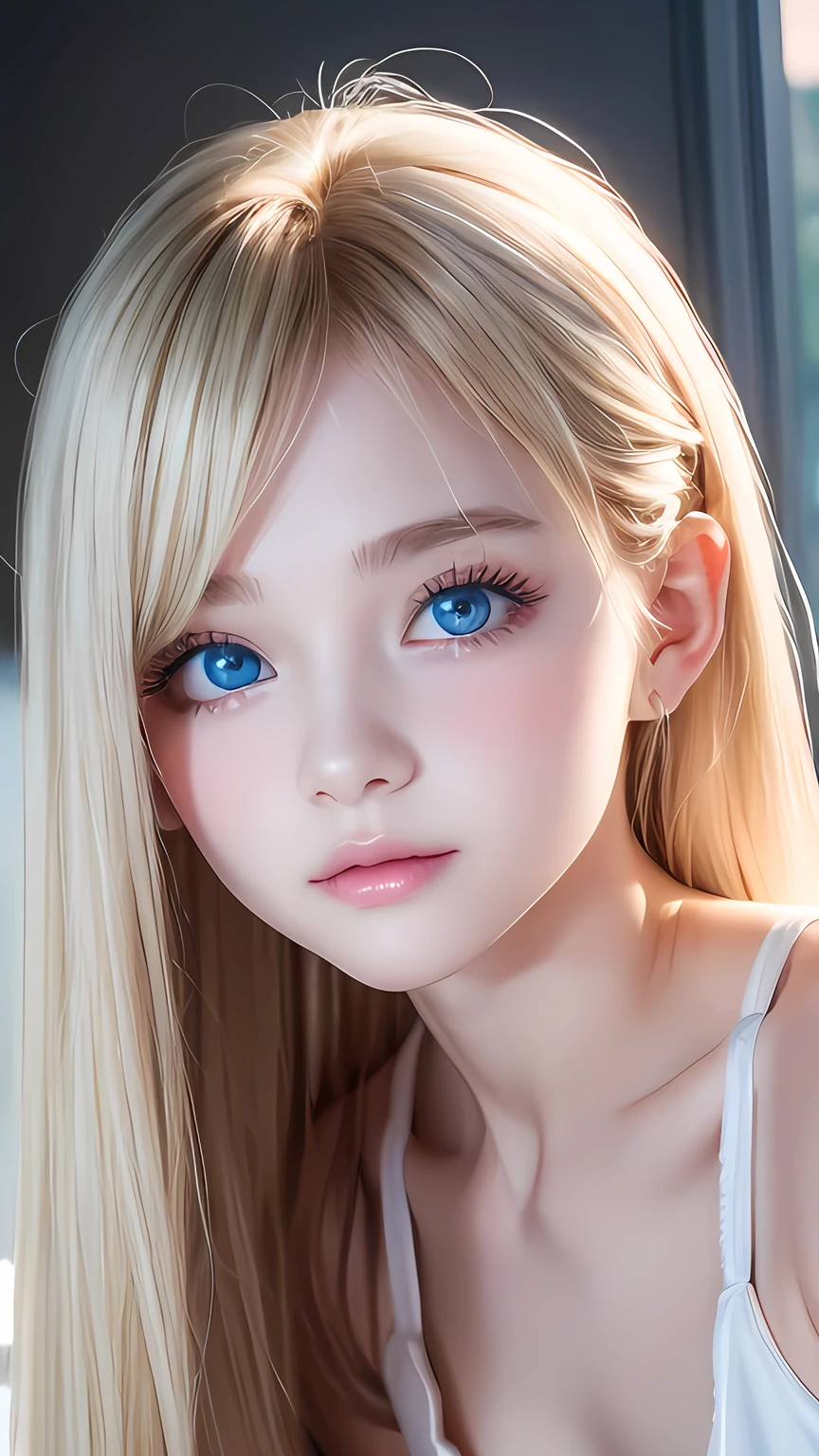 The pieces fly, Highest quality, figure, Very detailed, The finer details, High resolution, 8K Dende wallpaper, Perfect dynamic composition, Detailed and beautiful eyes, dress, Super long platinum blonde straight silky hair,Bangs that flow between the eyes、 Blonde hair above the chest, Natural color lip, Random sexy poses,A shy smile,Beautiful 15 year old girl,Cute type、Her big, bright cream ice blue eyes shine beautifully.、Very big eyes、Cheek highlighter、Very white and beautiful skin、Glowing Skin、Small Face Girl、Round face、A beautiful girl