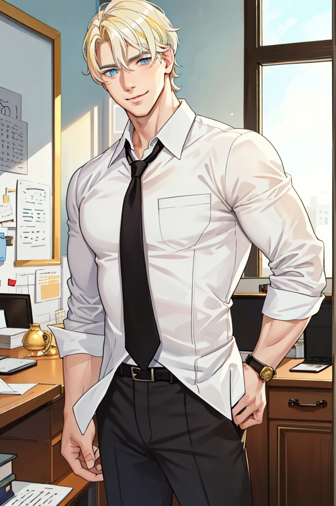 masterpiece, best quality, realistic, 1man, mature man, muscular tall, handsome, smile, closed mouth, portrait, extremely detailed face, (short hair), (golden hair), (heterochromia in eyes), CEO, Office home.