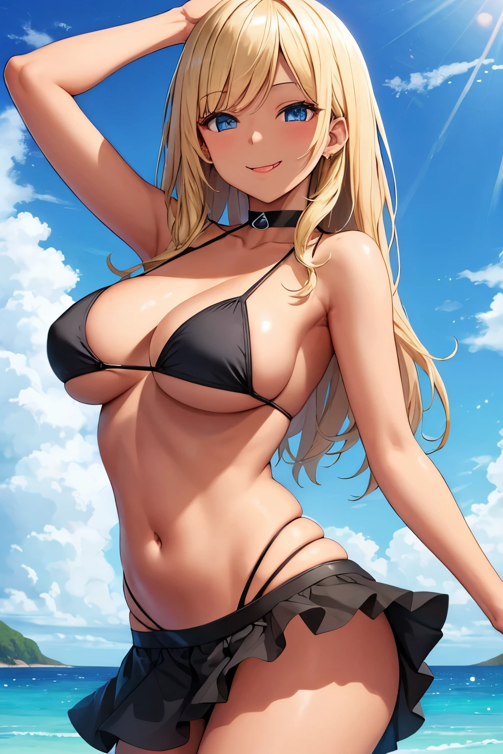 Masterpiece, Best Quality, Beautiful Girl, Beautiful Face, Blonde, Dark Skin, Sea, Smiling, Tongue Out, Bikini, Skirt,