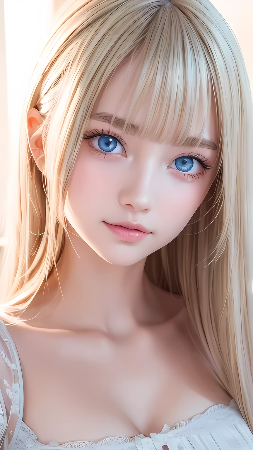 The pieces fly, Highest quality, figure, Very detailed, The finer details, High resolution, 8K Dende wallpaper, Perfect dynamic composition, Detailed and beautiful eyes, dress, Super long platinum blonde straight silky hair,Bangs that flow between the eyes、 Blonde hair above the chest, Natural color lip, Random sexy poses,A shy smile,Beautiful 15 year old girl,Cute type、Her big, bright cream ice blue eyes shine beautifully.、Very big eyes、Cheek highlighter、Very white and beautiful skin、Glowing Skin、Small Face Girl、Round face、A beautiful girl