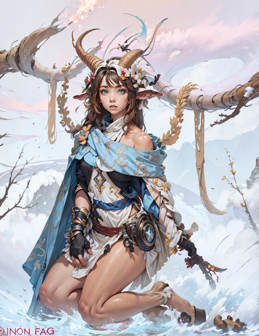 Faun female,  goat legs, long hair, standing, thick girl,  long black hair, tan skin, muscle, dress 