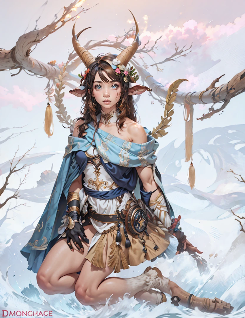 Faun female, goat legs, long hair, standing, thick girl, long black hair, tan skin, muscle, dress
