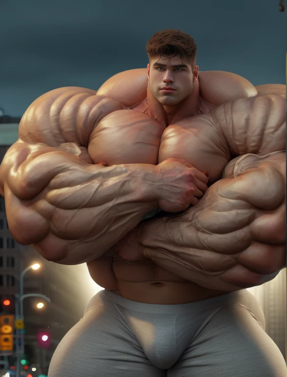 1boy, giant, alone, giant bodybuilder, illuminating light, strong body, bulk, large size, standing outdoor, with traffic lights in night, nude, white triangular underwear, thick bulge, scratch his bulge, extraordinary big, brutalmass, giant muscular body, bulk, buff, massive body, large meaty body size, extremely wide body, hairy body