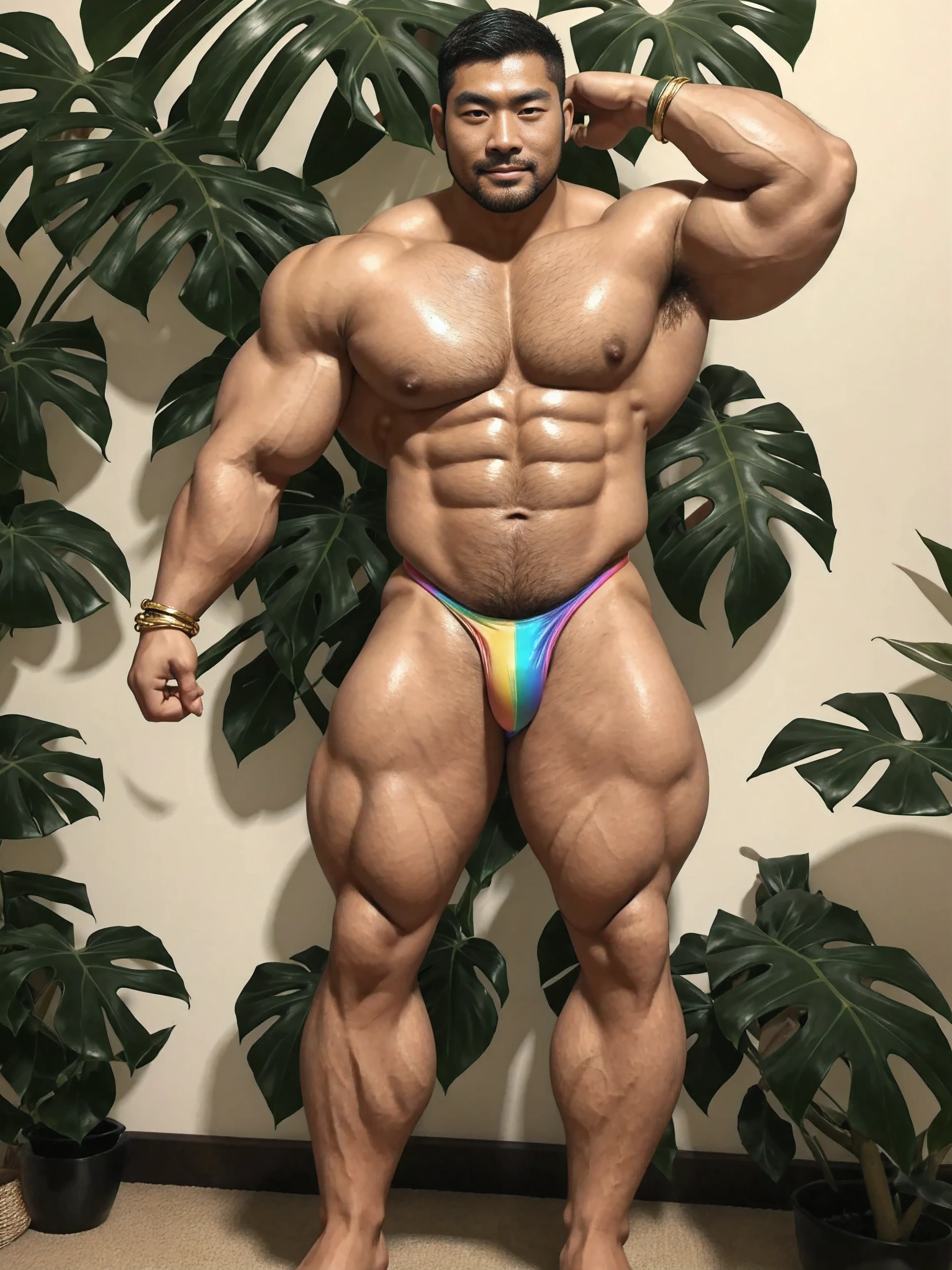 There is only one handsome Chinese man in the photo，35 years old，tall, Fitness，Smooth body，Smooth skin，No chest hair，short hair, O-Shaped Beard，Perfect body, Dark skin color，Radiant Skin，Smooth skin，Shiny, shiny skin，Smooth pectoral muscles，Muscle bulge, muscular, Very large pectoral muscles，Very sexy abdominal muscles，Very well-developed leg muscles，Huge concave and convex area，Brightens oily skin，Wear a fluorescent rainbow leather thong，Handsome face，Normal human toes，Correct and accurate male body proportions，Gold bracelet，Gold anklets，Standing in front of the Monstera forest。
