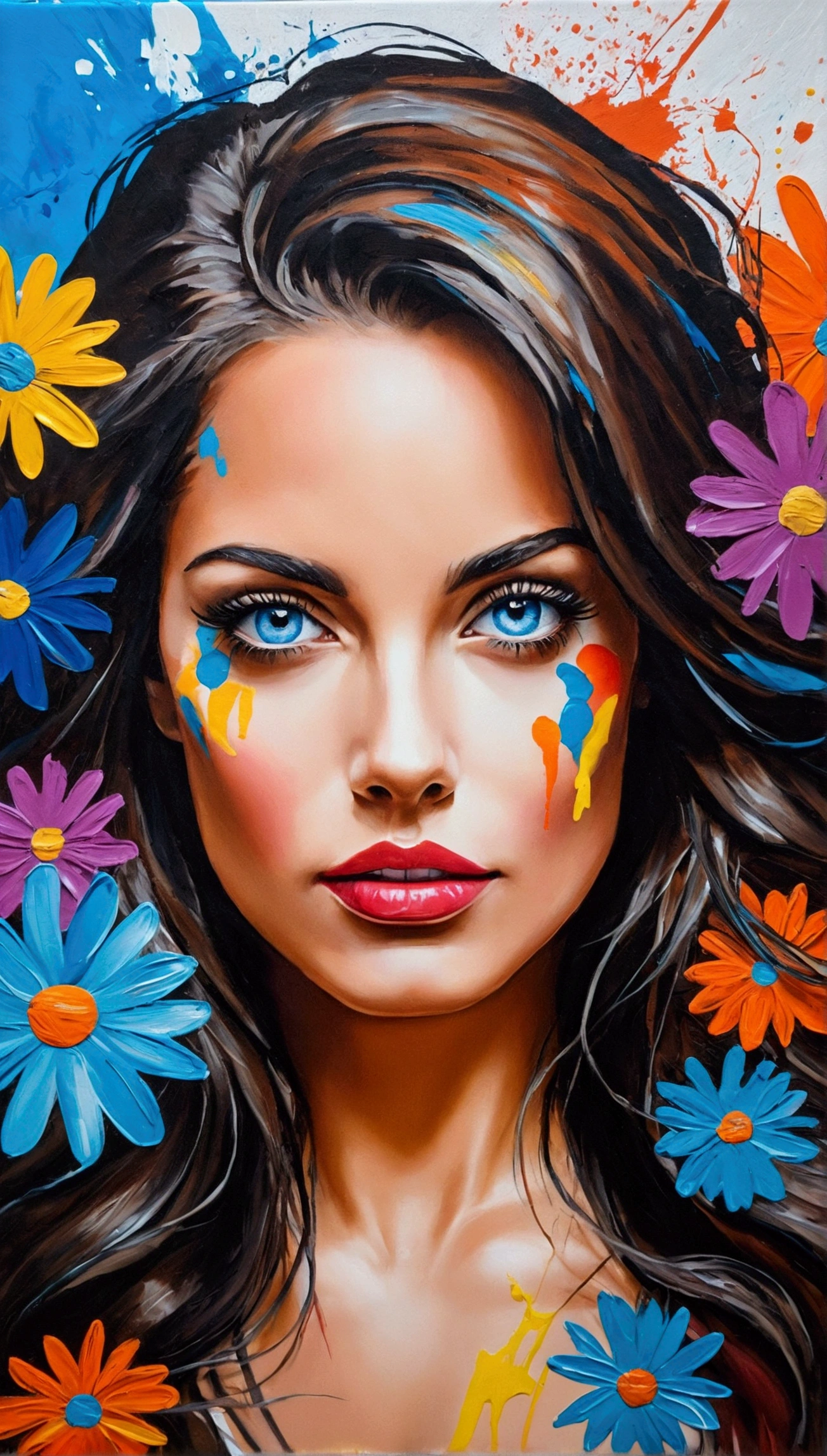 Painting of a woman with blue eyes and colorful face, Acrylic Paint on Canvas, Portrait of woman made of paint, pop art painting, acrylic on canvas, inspired by Károly Lotz, abstract portrait, Portrait made of paint, Latina Adult model Daisy Marie, colorful portrait, painted in bright watercolors, brunette woman, A pop art painting, painted in acrylic
