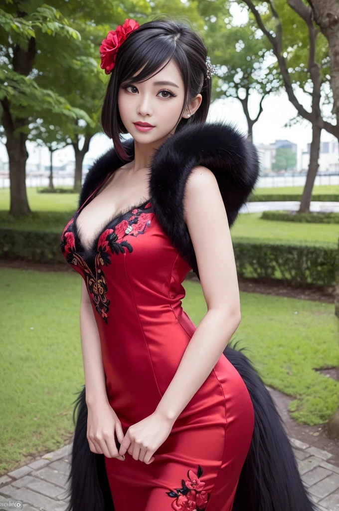 (masterpiece:1.4), (best quality:1.4), ultra high res, ultra high resolution, ((detailed facial features)), HDR, (realistic, photorealistic, photo-realistic:1.37), full body, sexy Vietnamese model, (-anime), only 1 model, vivid colors, very short hair, (big smile), lip-gloss, long lashes, defined eyebrows, wearing large sparkling colorful jewelery, wearing a red silk Paradise Kiss cosplay dress with black floral embroidery, ((long fur vivid colors outfit)), vivid colors, look at the camera, cinematic light, large park background with trees, sweet and sexy pose
