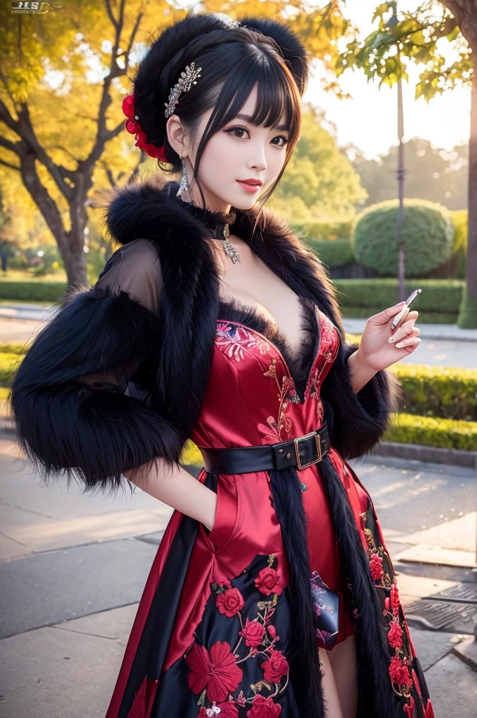 (masterpiece:1.4), (best quality:1.4), ultra high res, ultra high resolution, ((detailed facial features)), HDR, (realistic, photorealistic, photo-realistic:1.37), full body, sexy Vietnamese model, (-anime), only 1 model, vivid colors, very short hair, (big smile), lip-gloss, long lashes, defined eyebrows, wearing large sparkling colorful jewelery, wearing a red silk Paradise Kiss cosplay dress with black floral embroidery, ((long fur vivid colors outfit)), vivid colors, look at the camera, cinematic light, large park background with trees, sweet and sexy pose
