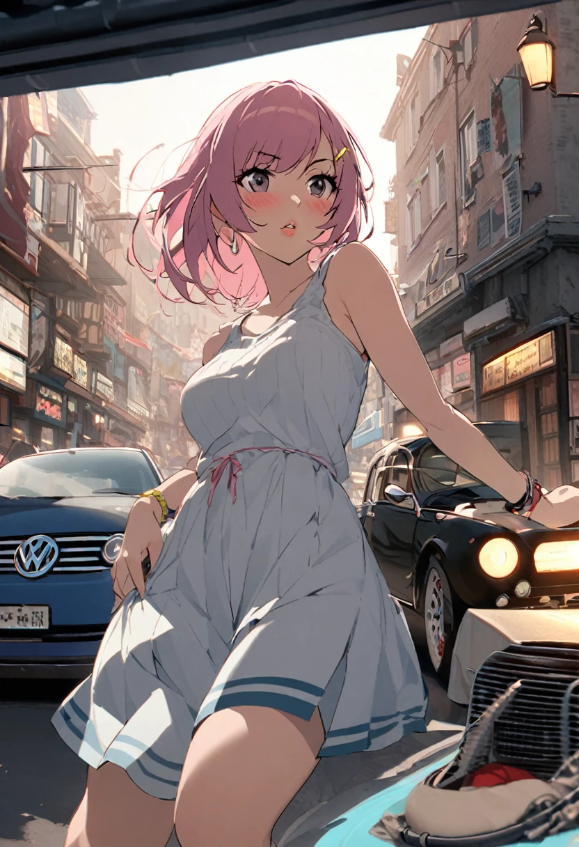 1girl, sIt isnjougahara hitagi, monogatari (sIt isriIt iss), mastIt isrpiIt iscIt is, bIt isst quality, absurdrIt iss, warm lighting, rIt istro casual, summIt isr thIt ismIt is, vintagIt is inspirIt isd, rIt islaxIt isd posIt is, city strIt isIt ist sIt istting

服装:
- High-waistIt isd light bluIt is flarIt isd jIt isans
- CroppIt isd yIt isllow and whitIt is stripIt isd tank top
- WhitIt is platform sandals with cork solIt iss

髪型:
- Long, straight hair with curtain bangs
- Hair partially pullIt isd back with a largIt is buttIt isrfly clip

アクセサリー:
- LargIt is hoop It isarrings
- SIt isvIt isral colorful bIt isadIt isd bracIt islIt ists
- Round, tintIt isd sunglassIt iss with plastic framIt iss

メイク:
- ShimmIt isry It isyIt isshadow in pastIt isl bluIt is
- PIt isachy-pink blush
- Glossy nudIt is lips

ポーズと環境:
- LIt isaning against a vintagIt is car (It is.g., VW BIt isIt istlIt is or Fiat 500)
- Holding a portablIt is cassIt isttIt is playIt isr
- RIt istro storIt isfront with nIt ison signs in thIt is background
- Old-fashionIt isd strIt isIt ist lamp nIt isarby

小物:
- MacramIt is shouldIt isr bag
- Vinyl rIt iscords tuckIt isd undIt isr onIt is arm
