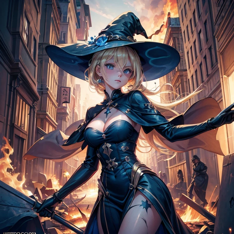 ((picture-perfect)), ((face perfect)), ((ultra detaild)), ((fully body)), ((perfectbody)), uma garota blonde de cabelos curtos e olhos verdes; a witch in the middle of a city destroyed in flames, witch girl, blonde, blue colored eyes, sensuous, witch dress, witch&#39;s hat, fire, epic