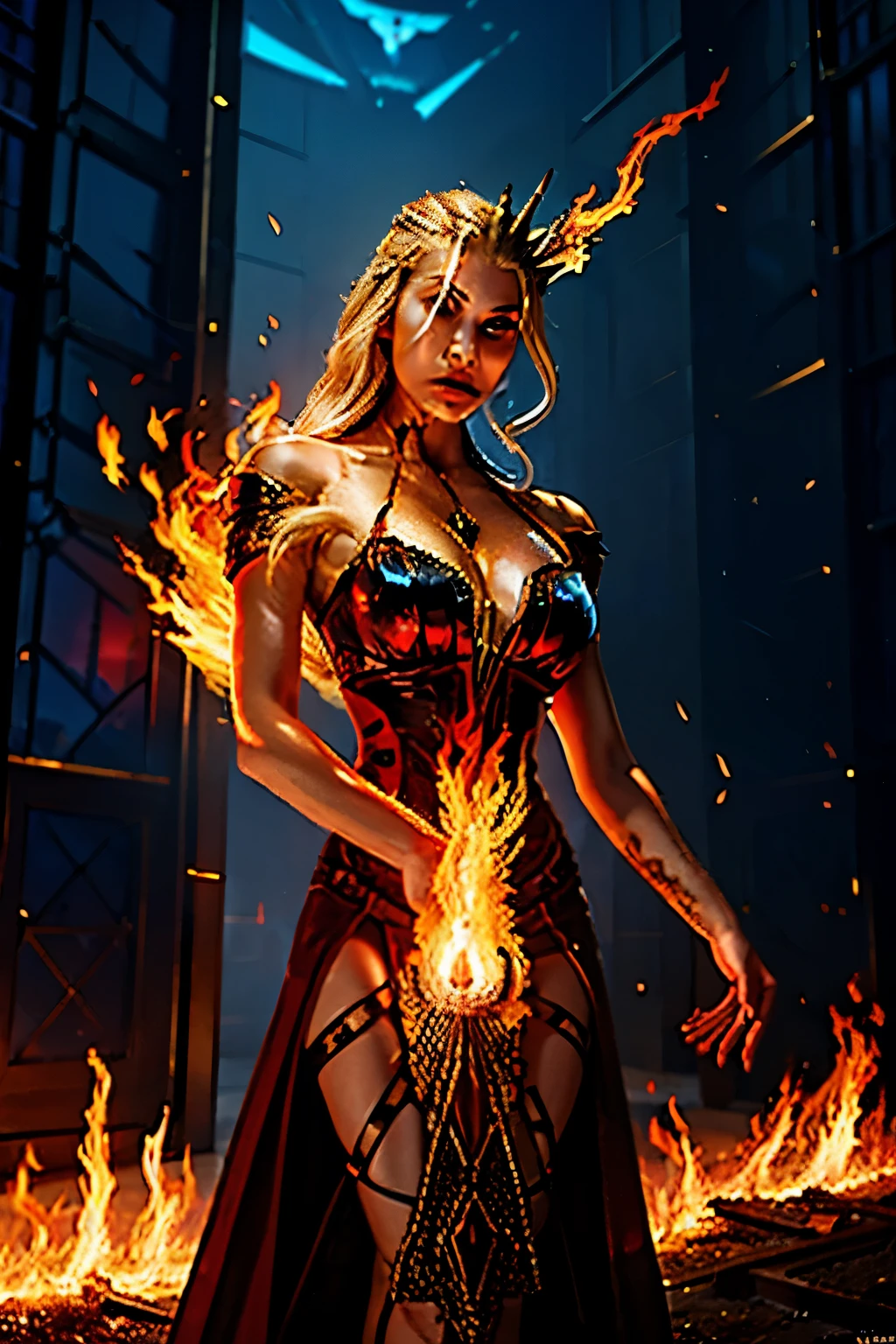 Woman with fire and ice, beutiful blonde, high quality, dress, gorgeous, firey, awesome, stunning, standing with hand up, threatening, pretty, signora, la signora, crimson witch of flames, red, fire , cool