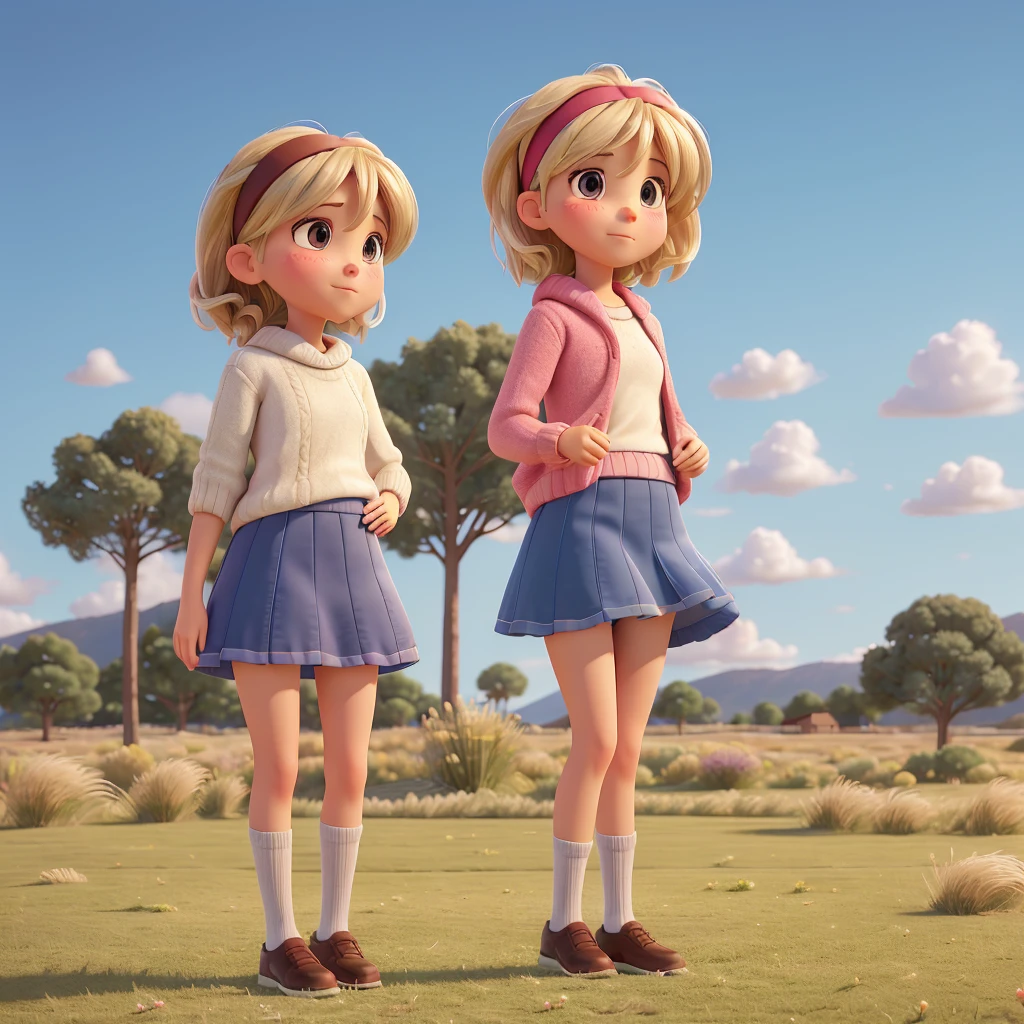 summer, 1 girl, standing alone, looking ahead at viewer, suprised, embarrased, blush, nose blush, headband, preto sweater, Blue skirt with ruffles, windy, skirt raised, leg flexion, (skirt puller), panty shot, windy blowing, grass field, perfect quality, good quality, work of art, HDR, ultra HD